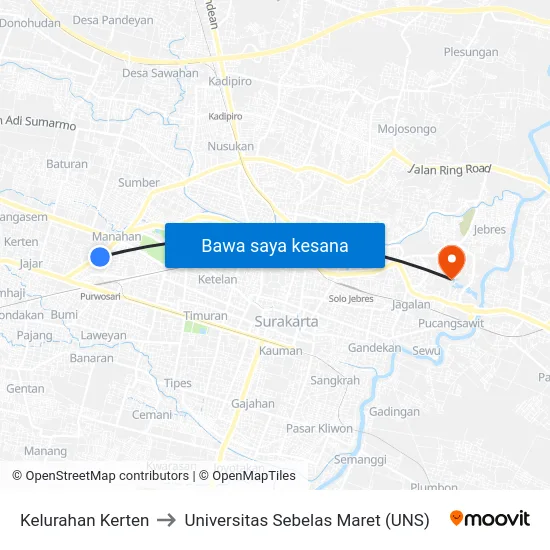 Kelurahan Kerten to Universitas Sebelas Maret (UNS) map