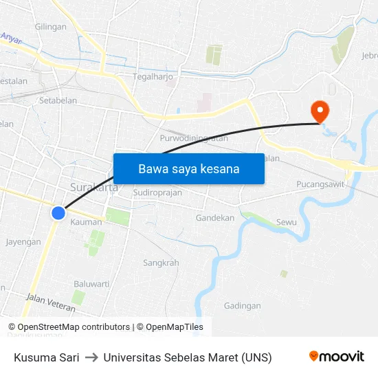 Kusuma Sari to Universitas Sebelas Maret (UNS) map