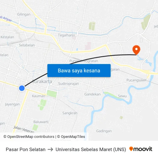 Pasar Pon Selatan to Universitas Sebelas Maret (UNS) map