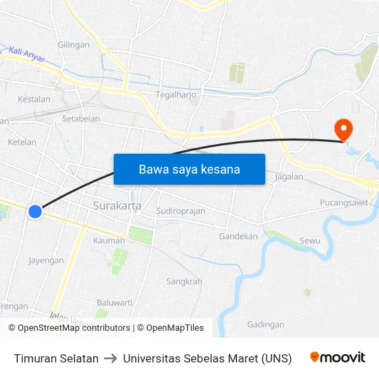Timuran Selatan to Universitas Sebelas Maret (UNS) map