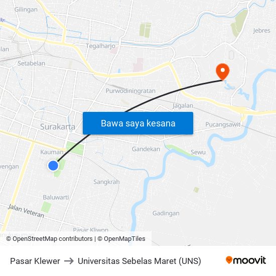 Pasar Klewer to Universitas Sebelas Maret (UNS) map