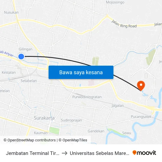 Jembatan Terminal Tirtonadi to Universitas Sebelas Maret (UNS) map