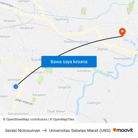 Serabi Notosuman to Universitas Sebelas Maret (UNS) map
