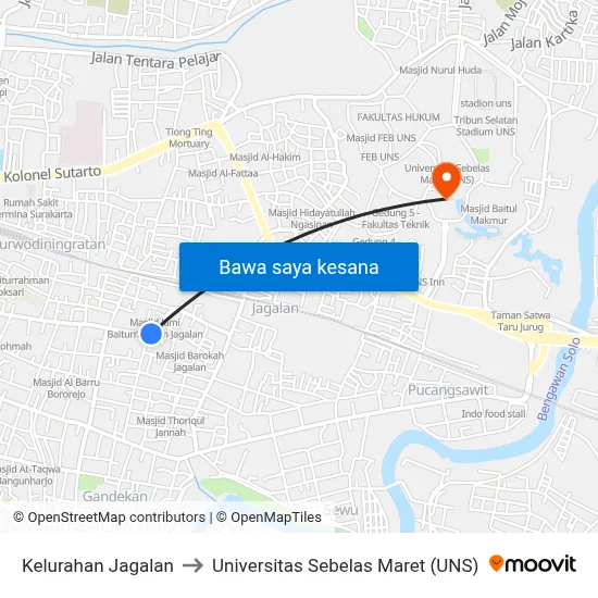 Kelurahan Jagalan to Universitas Sebelas Maret (UNS) map