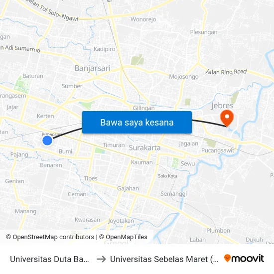 Universitas Duta Bangsa to Universitas Sebelas Maret (UNS) map