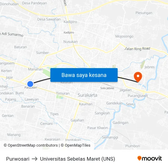 Purwosari to Universitas Sebelas Maret (UNS) map