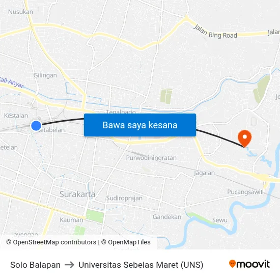 Solo Balapan to Universitas Sebelas Maret (UNS) map