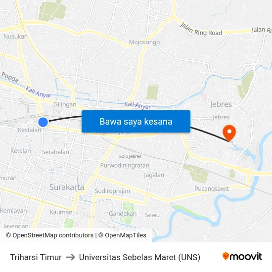 Triharsi Timur to Universitas Sebelas Maret (UNS) map
