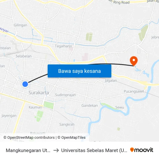 Mangkunegaran Utara to Universitas Sebelas Maret (UNS) map