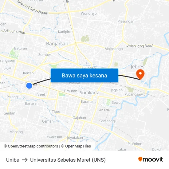 Uniba to Universitas Sebelas Maret (UNS) map