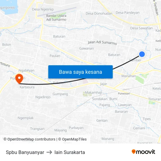 Spbu Banyuanyar to Iain Surakarta map