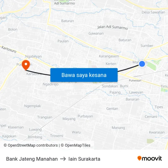 Bank Jateng Manahan to Iain Surakarta map