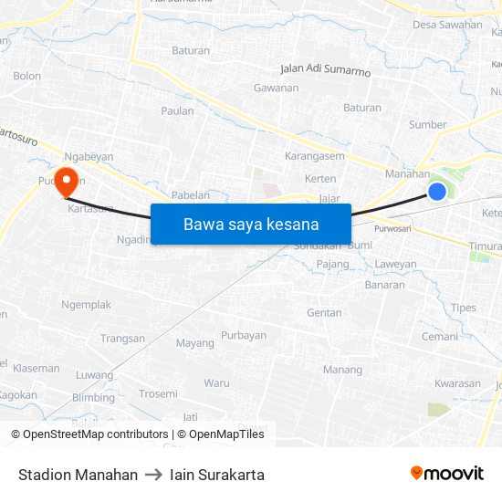 Stadion Manahan to Iain Surakarta map