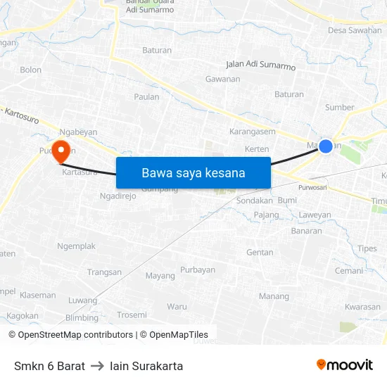 Smkn 6 Barat to Iain Surakarta map