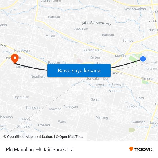 Pln Manahan to Iain Surakarta map