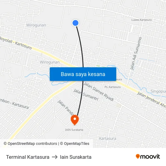 Terminal Kartasura to Iain Surakarta map