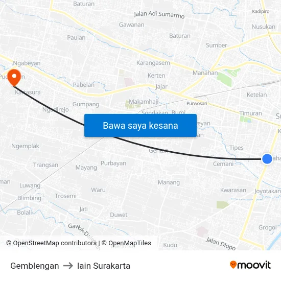 Gemblengan to Iain Surakarta map