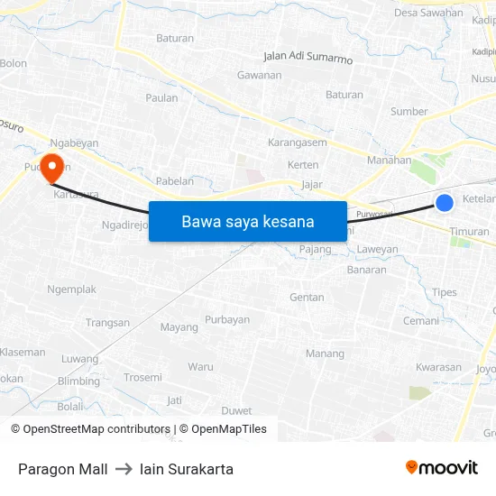 Paragon Mall to Iain Surakarta map