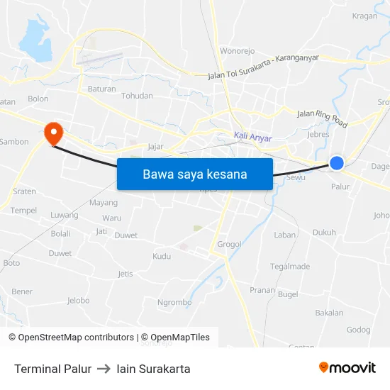 Terminal Palur to Iain Surakarta map