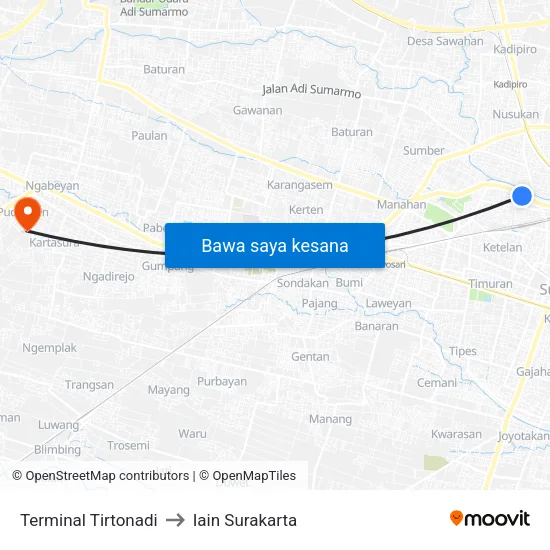 Terminal Tirtonadi to Iain Surakarta map