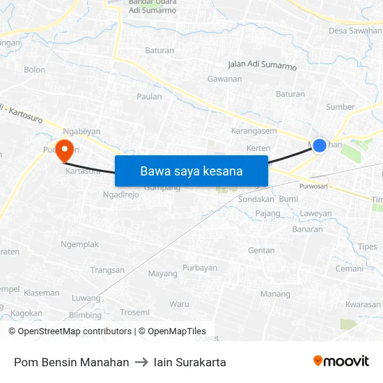 Pom Bensin Manahan to Iain Surakarta map