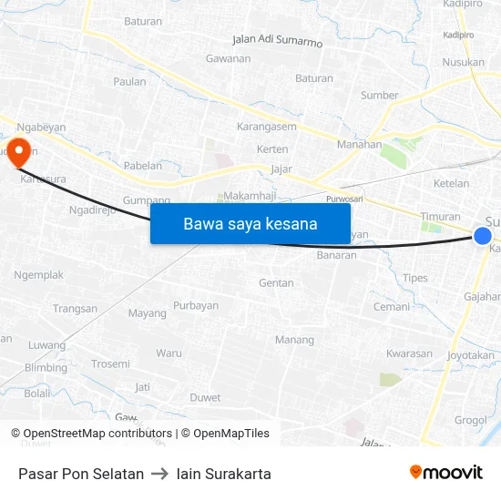 Pasar Pon Selatan to Iain Surakarta map