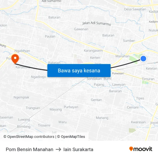 Pom Bensin Manahan to Iain Surakarta map