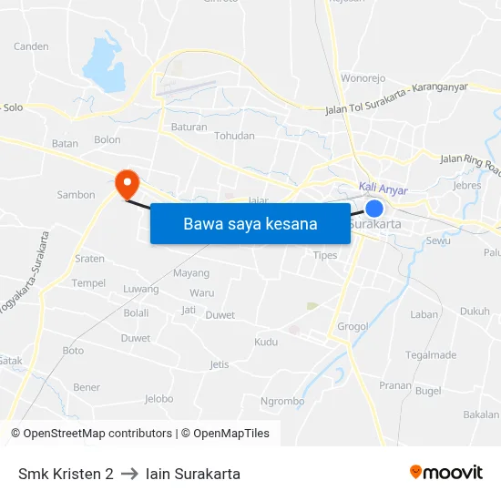 Smk Kristen 2 to Iain Surakarta map
