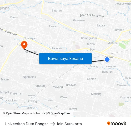 Universitas Duta Bangsa to Iain Surakarta map