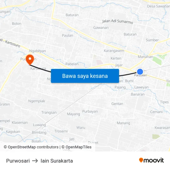 Purwosari to Iain Surakarta map