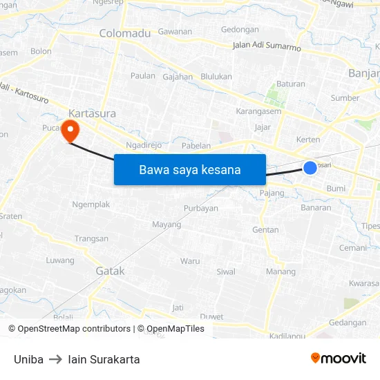 Uniba to Iain Surakarta map
