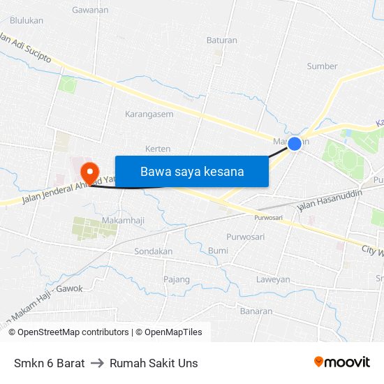 Smkn 6 Barat to Rumah Sakit Uns map