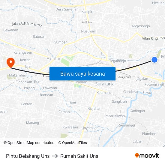 Pintu Belakang Uns to Rumah Sakit Uns map