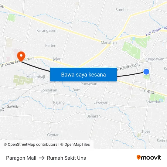Paragon Mall to Rumah Sakit Uns map