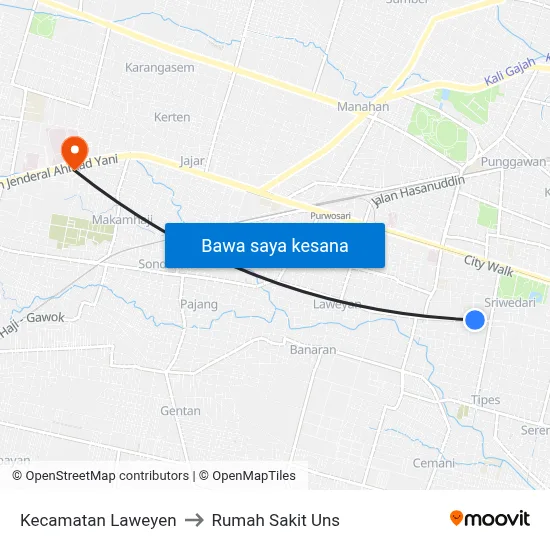 Kecamatan Laweyen to Rumah Sakit Uns map