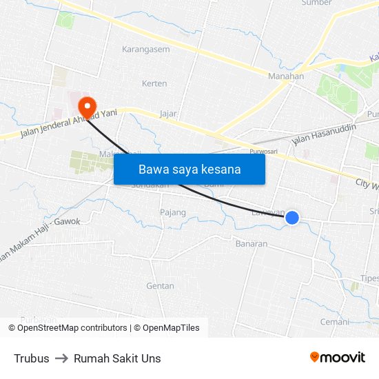 Trubus to Rumah Sakit Uns map