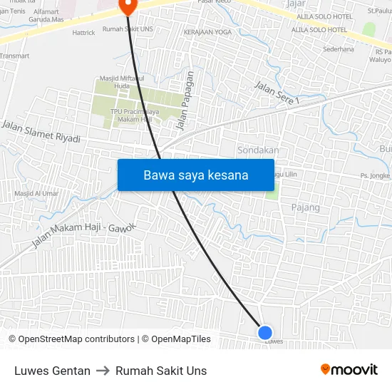 Luwes Gentan to Rumah Sakit Uns map
