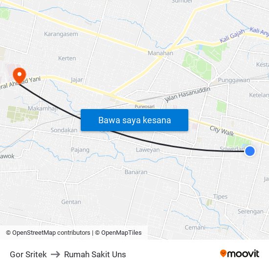 Gor Sritek to Rumah Sakit Uns map