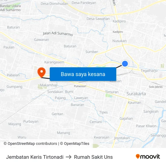 Jembatan Keris Tirtonadi to Rumah Sakit Uns map