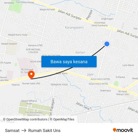 Samsat to Rumah Sakit Uns map