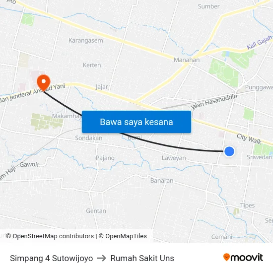 Simpang 4 Sutowijoyo to Rumah Sakit Uns map