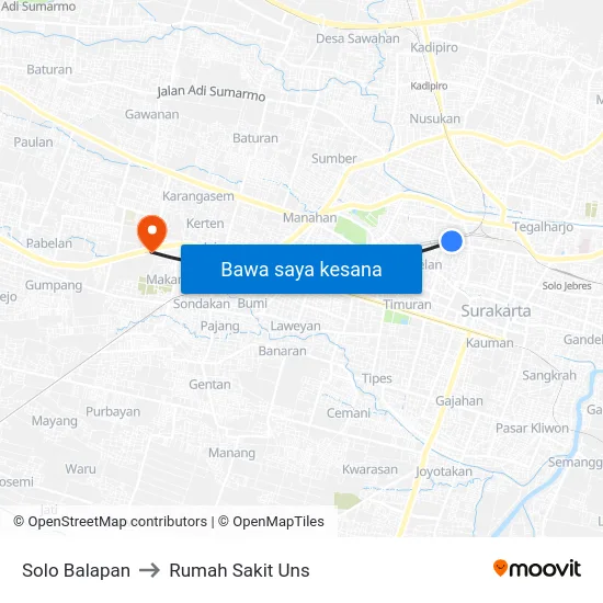 Solo Balapan to Rumah Sakit Uns map