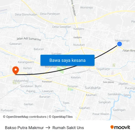 Bakso Putra Makmur to Rumah Sakit Uns map