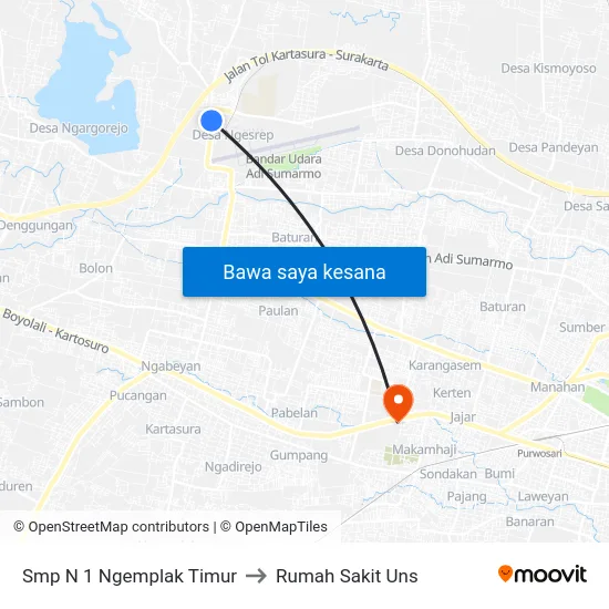 Smp N 1 Ngemplak Timur to Rumah Sakit Uns map