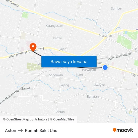 Aston to Rumah Sakit Uns map