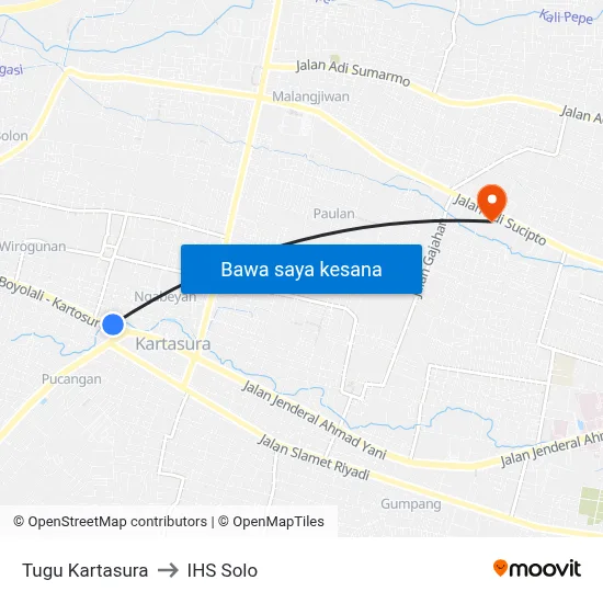 Tugu Kartasura to IHS Solo map