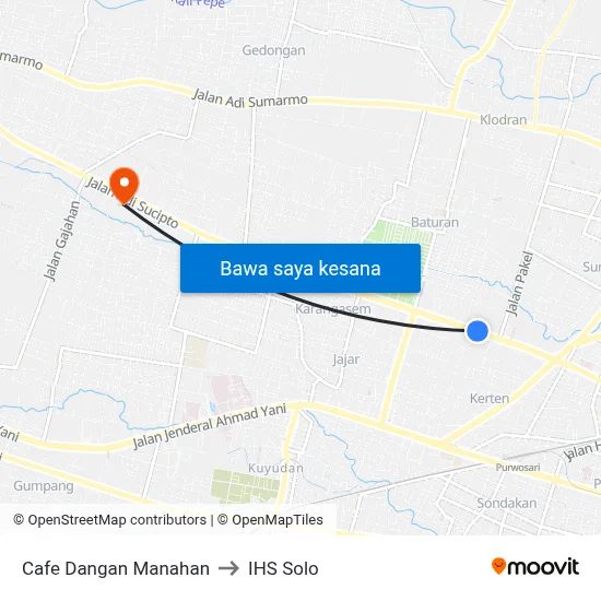 Cafe Dangan Manahan to IHS Solo map