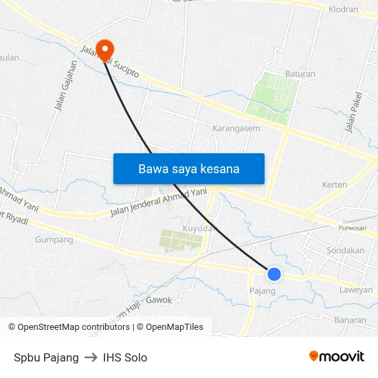 Spbu Pajang to IHS Solo map