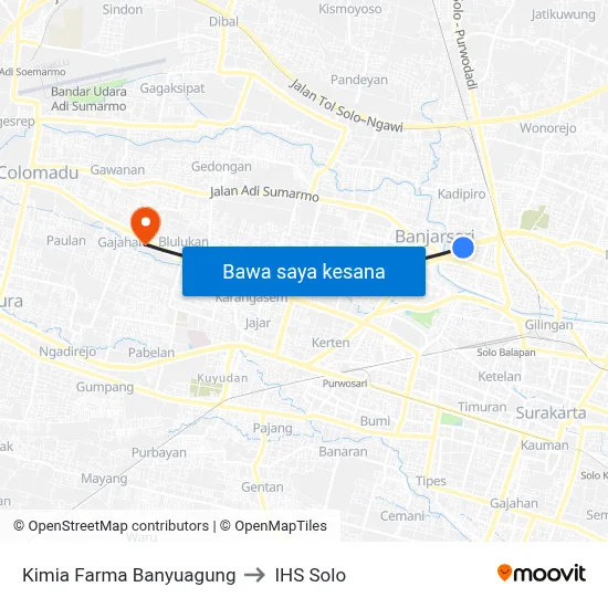 Kimia Farma Banyuagung to IHS Solo map