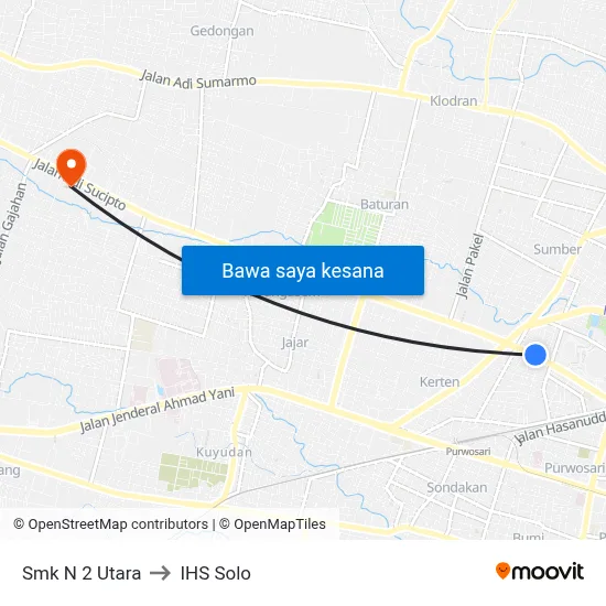 Smk N 2 Utara to IHS Solo map